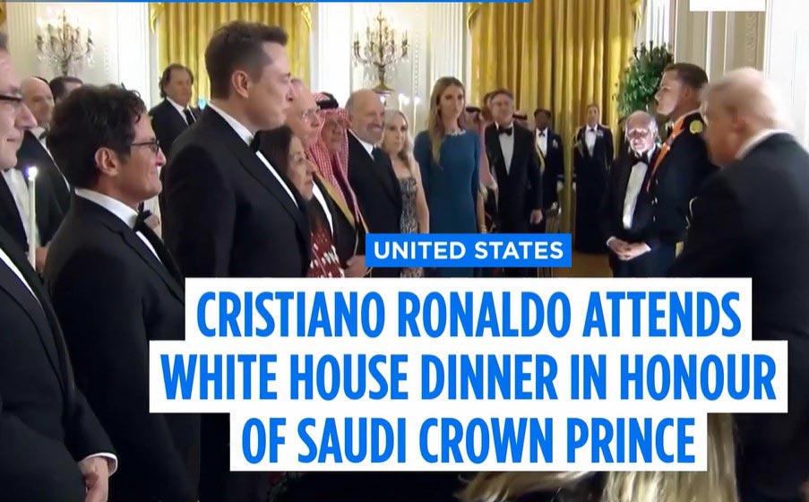 The Portuguese football superstar attended a White House state dinner with global leaders as US President Trump welcomed Saudi Crown Prince Mohammed bin Salman to Washington. VIDEO Trump honours Ronaldo at White House, VIDEO Cristiano Ronaldo and Donald Trump have a meeting at the White House, Clip Ronaldo và Donald Trump gặp nhau bắt tay trò chuyện ngắn tại Nhà Trắng, Clip Ronaldo gặp Donald Trump cười nói, Cristiano Ronaldo attends White House dinner hosted by Trump and Saudi Crown Prince, Cristiano Ronaldo attends White House dinner hosted by Trump, Clip phóng sự về tiệc Nhà Trắng có Ronaldo gặp Donald Trump, Cristiano Ronaldo visits White House as Trump hosts Saudi crown prince, Video Ronaldo gặp Donald Trump tại nhà Trắng, Trump honours Ronaldo at White House, Video ghi cảnh Trump cảm ơn Ronaldo tại bữa tiệc Nhà Trắng, Donald Trump Republican, Video Donald Trump wins Iowa, Clip Donald Trump Disqualified, Newest Donald Trump Disqualified, Donald Trump, Former President Donald Trump, Donald Trump Victory Iowa, Video Donald Trump Disqualified, President Donald Trump, Latest news Donald Trump Disqualified, Video news Donald Trump Disqualified, News Donald Trump Disqualified, Former President Donald Trump won the Iowa caucus, Kỹ thuật Cristiano Ronaldo, Cristiano Ronaldo The Best Goals, Cristiano Ronaldo With Al-Nassr, ALEJANDRO GARNACHO talk Cristiano Ronaldo, VIDEO Cristiano Ronaldo reflects on his impressive 2023, Al-Nassr With Cristiano Ronaldo, Cristiano Ronaldo Skill For Man Utd, Video Cristiano Ronaldo sút phạt hàng rào thành bàn Euro 2024, Cristiano Ronaldo bỏ lỡ khó tin, Clip Cristiano Ronaldo rê bóng như làm ảo thuật, Clip nhà ảo thuật bóng đá Cristiano Ronaldo, Cristiano Ronaldo Full Goals Highlight, Cristiano Ronaldo với kỹ thuật rê bóng siêu phàm, Clip kỹ năng qua người của Cristiano Ronaldo, ALEJANDRO GARNACHO Cristiano Ronaldo, Shock news today, News hot today, US today news, Hot news today on the world, US news today, Today news Video